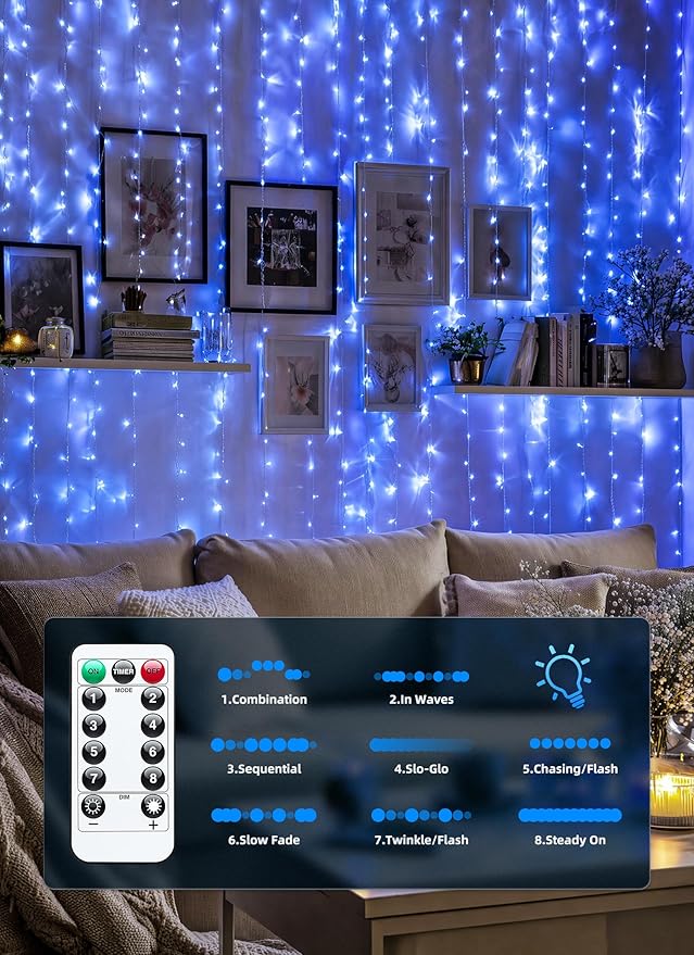 Brightown 300 LED Blue Fairy Curtain Lights, 9.8ft x 9.8ft String Lights, USB Plug in 8 Lighting Modes Christmas String Hanging Lights with Remote for Bedroom Indoor Outdoor Party Xmas Blue 1 Pack