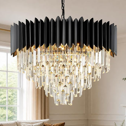 24" Modern Black Crystal Chandeliers 5-Tier 10 Lights Ceiling Light Fixture K9 Crystal Hanging Pendant Ceiling Light for Dining Room Living Room Bedroom Entryway