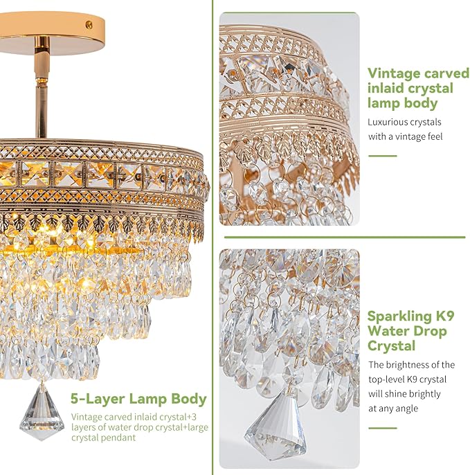Modern Crystal Chandelier, Farmhouse Ceiling Light, Flush Mount Light Fixture,11.8W x 9H inches, 4-Layer K9 Crystal, Indoor Ceiling Light Pendant for Bedroom, Hallway, Closet (Gilded Antique)