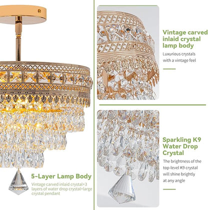 Modern Crystal Chandelier, Farmhouse Ceiling Light, Flush Mount Light Fixture,11.8W x 9H inches, 4-Layer K9 Crystal, Indoor Ceiling Light Pendant for Bedroom, Hallway, Closet (Gilded Antique)