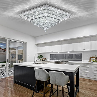 COCOSTAR Crystal Chandeliers, Modern Led Luxury Chandelier, 42" Suqare Flush Mount Chandelier Ceiling Light, Raindrop Chandeliers for Dining Room, Living Room, Bedroom