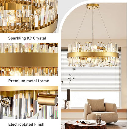 24'' Modern Gold Crystal Chandeliers, 12-Lights K9 Crystal Luxury Raindrop Chandelier Light Fixture,3 Colors Contemporary Pendant Ceiling Light for Dining Room Living Room Entryway Foyer