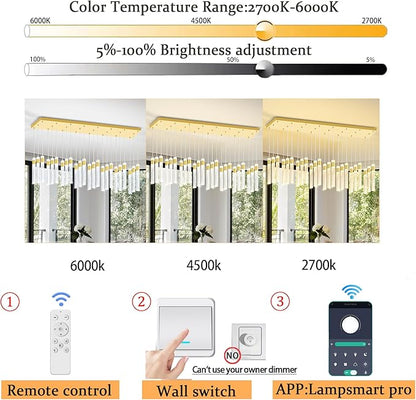 Glam Rectangular Crystal Column Chandelier for High Ceiling 24-Lights Gold LED Dimmable Pendant Light for Kitchen Island Dining Room Entrance Foyer Living Room Adjustable Height