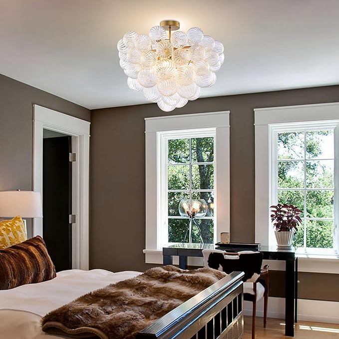 Longree Bubble Ball Semi Flush Ceiling Light Fixtures, Dia 20 inch Gold and Clear Blown Glass Small Swirled Glass Chandelier for Bedroom Study Bathroom Dining Room