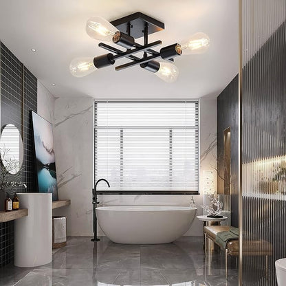 Industrial 4-Light Semi Flush Mount Ceiling Light Fixture, Farmhouse Black Chandelier Lighting, Modern E26 Base Sputnik Ceiling Lamp for Kitchen Bedroom Living Room Hallway Entryway