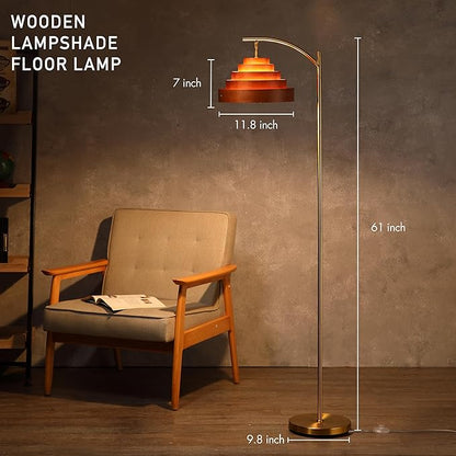 O’Bright Strata Wooden Floor Lamp - Mid Century Modern Standing Lamp with Layered Wood Shade, Tall Reading Lamp for Living Room, Bedroom, Office, Antique Brass, Dark Oak, Cascade Shade