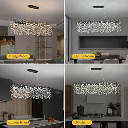 Modern Rectangle Crystal Tree Branch Chandelier, L47.3'' Luxury Black Linear Art Deco Raindrop Pendant Lighting Fixture for Kitchen Island Foyer Living Room Dining Room 14 Lights