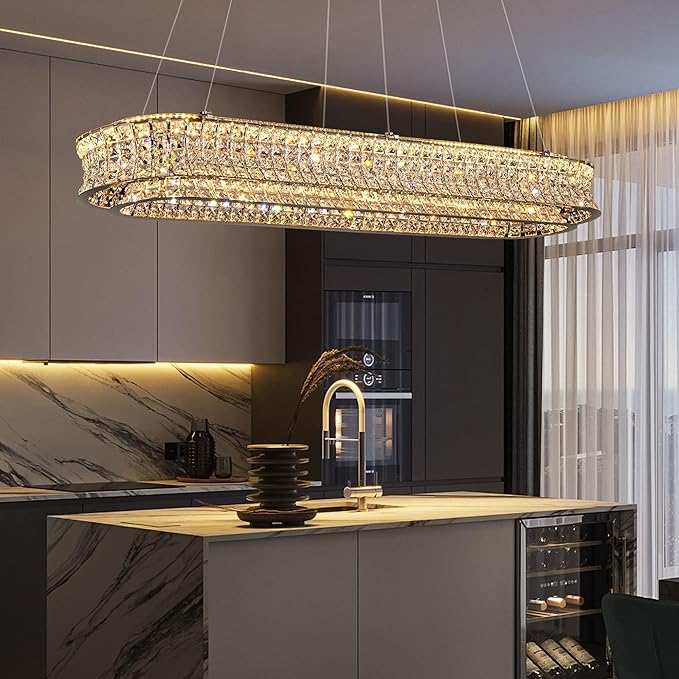 47" LED Rectangle Chrome Crystal Chandeliers for Dining Room, Luxury, Rectangular Modern Crystal Oval Kitchen Chandelier, Dimmable LED with Remote, for Dining Room, Kitchen Island