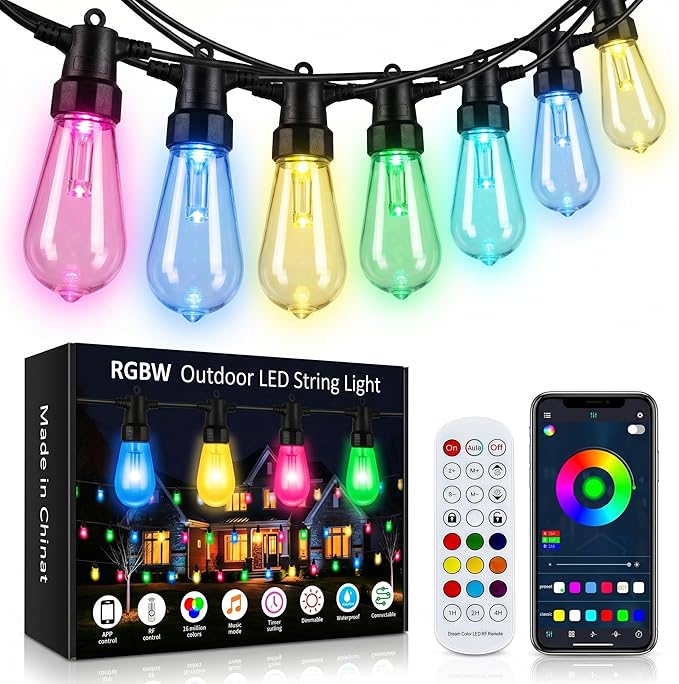 Smart RGB Outdoor String Lights, Color Changing Patio Lights with 21-Key RF Remote and Bluetooth App, IP65 Waterproof Music Sync LED Hanging Lights for Backyard Party Holiday Decor, 50FT (20 Bulbs)