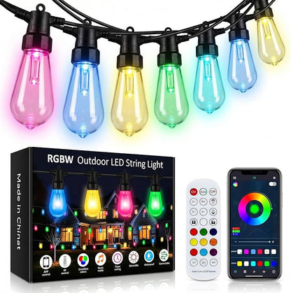 Smart RGB Outdoor String Lights, Color Changing Patio Lights with 21-Key RF Remote and Bluetooth App, IP65 Waterproof Music Sync LED Hanging Lights for Backyard Party Holiday Decor, 50FT (20 Bulbs)