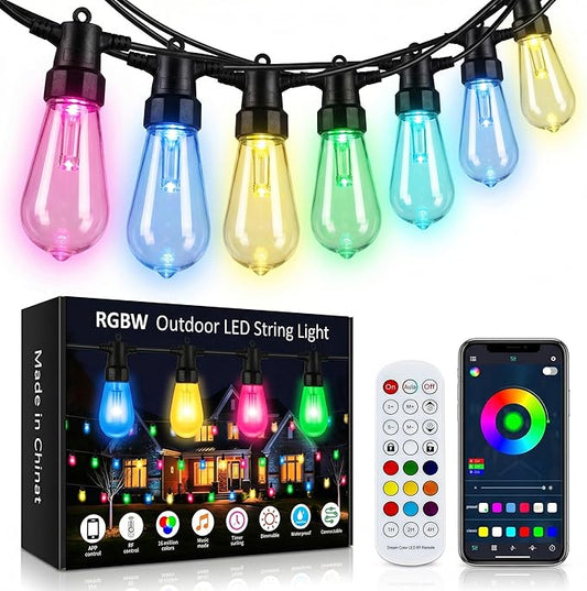 Smart RGB Outdoor String Lights, Color Changing Patio Lights with 21-Key RF Remote and Bluetooth App, IP65 Waterproof Music Sync LED Hanging Lights for Backyard Party Holiday Decor, 50FT (20 Bulbs)