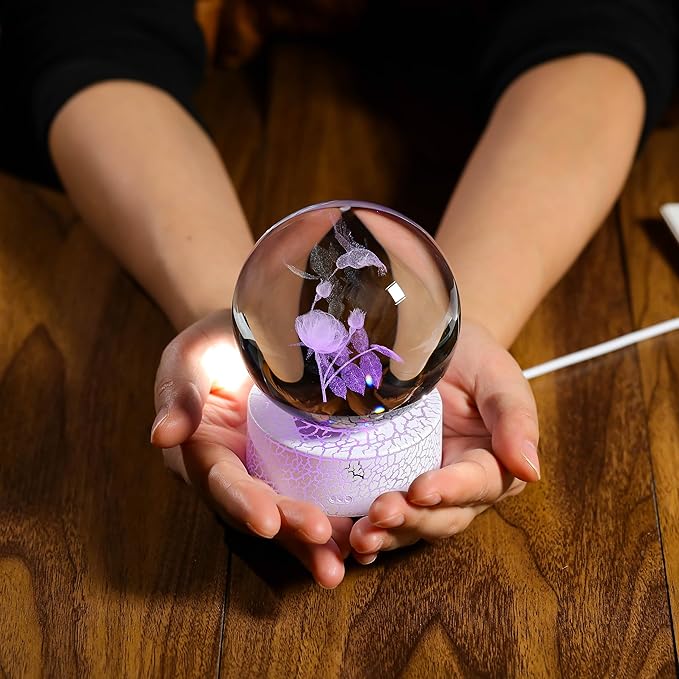 3D Hummingbird Gifts For Women with Rose Crystals Ball - Hummingbird Figurines Decor Glass Animals Figurine Hummingbird Stuff for Room Birthday for Best Friend Lovers Keepsake Paperweight