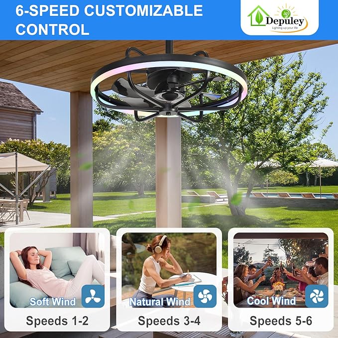 Depuley 20" Outdoor Ceiling Fan with Light: RGB Waterproof Gazebo Hanging Fan with Remote App Control - Dimmable Plug in Caged outdoor Ceiling Fans for patios Porch 6 Speeds