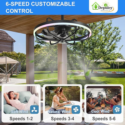 Depuley 20" Outdoor Ceiling Fan with Light: RGB Waterproof Gazebo Hanging Fan with Remote App Control - Dimmable Plug in Caged outdoor Ceiling Fans for patios Porch 6 Speeds