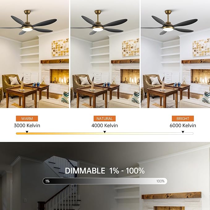 52" Smart Ceiling Fan with Light and Remote, Gold Modern Ceiling Fan with Black ABS Blades, Reversible DC Motor, 6-Speed LED Fan with 3-Color Temperature Lighting, Downrod Mount