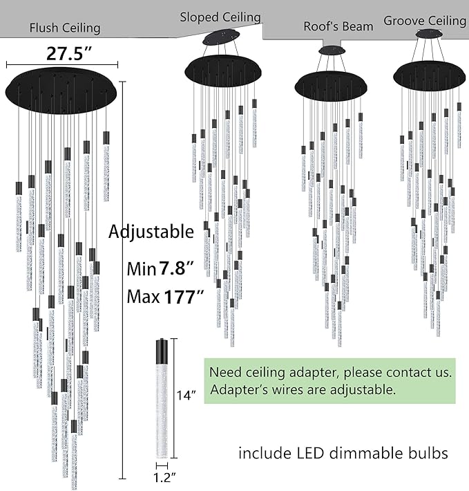 HAIXIANG 14.5 Foot High Ceiling Chandelier for Entryway Modern Crystal Lights for Living Room Foyer Flush Mount Sloping Ceiling Pendant Light Fixture Remote Dimmable 28-Lights Black
