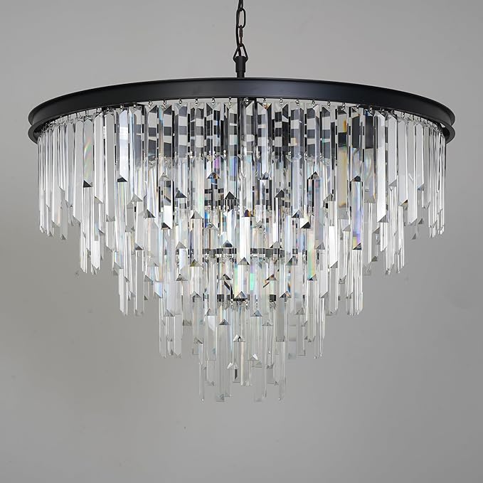 31'' Modern Crystal Chandelier, Black Round Ceiling Light with Clear Prisms, Luxury Flush Mount Lighting Fixture for Dining Room Bedroom Foyer