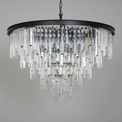 31'' Modern Crystal Chandelier, Black Round Ceiling Light with Clear Prisms, Luxury Flush Mount Lighting Fixture for Dining Room Bedroom Foyer