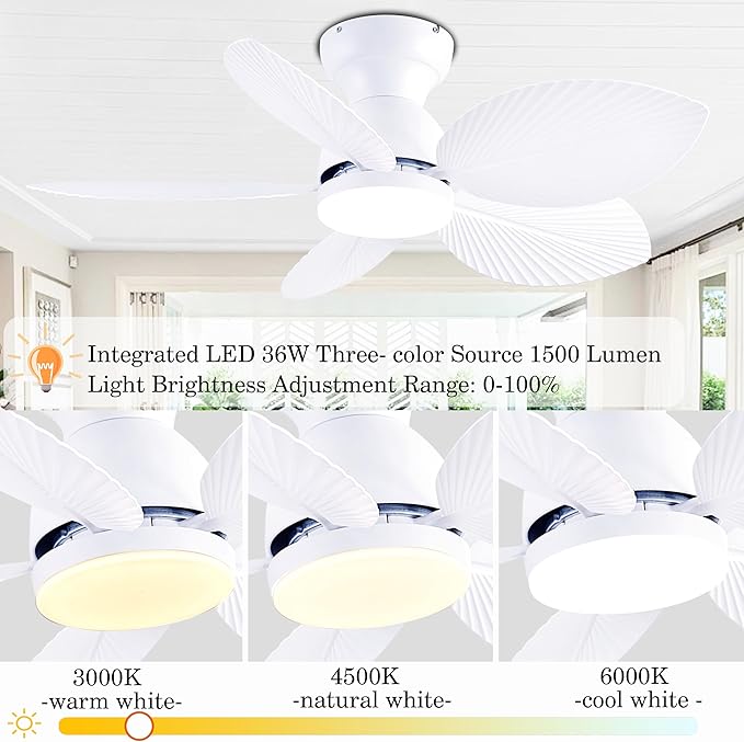 GJeg Tropical Ceiling Fans with Light, 38-inch Flush Mount Palm Leaf Ceiling Fans for Bedrooms, Indoors and Outdoors, Remote Control/APP Control, 6-Speed, Dimmable, Reversible, White.