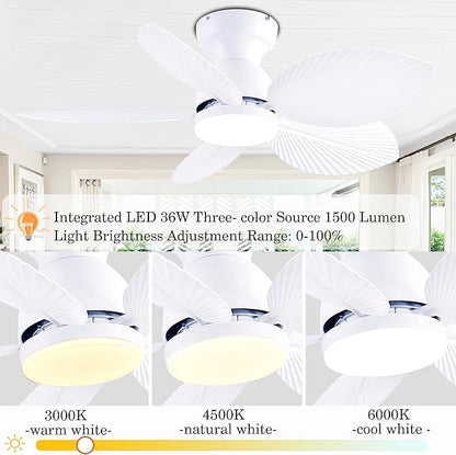 GJeg Tropical Ceiling Fans with Light, 38-inch Flush Mount Palm Leaf Ceiling Fans for Bedrooms, Indoors and Outdoors, Remote Control/APP Control, 6-Speed, Dimmable, Reversible, White.