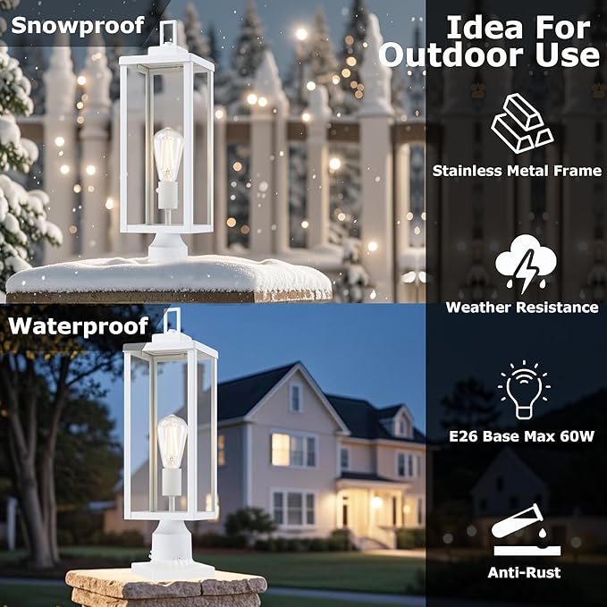 GRUENLICH Outdoor Lamp Post Light Fixtures, Exterior Pole Lantern with Tempered Glass, 20 Inch Fence Post Lighting for Garden Yard Pathway, White, 2 Pack