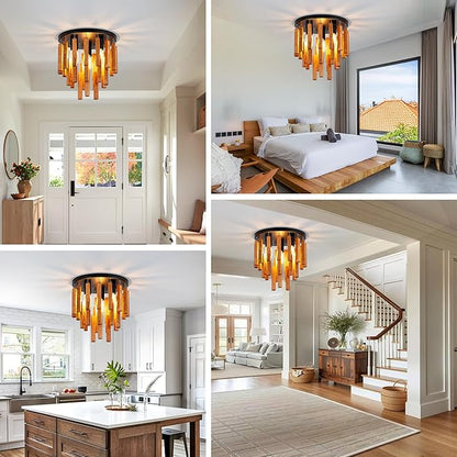 Farmhouse Light Fixture, 3-Light Wood Ceiling Light, Rustic Light Fixture with Wood and Black Metal Finish, Farmhouse Semi Flush Chandelier for Bedroom, Hallway, Entryway, Kitchen