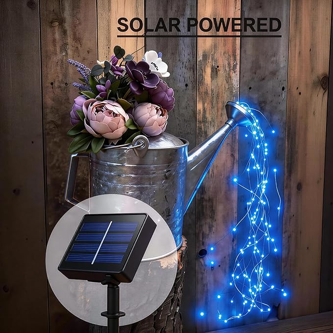 Solar Fairy String Lights Outside Blue, Multi Strand 180 LEDs Watering Can Light for Outdoor, Waterproof Solar Powered Waterfall Lights, Firefly Bunch Lights for Garden Décor