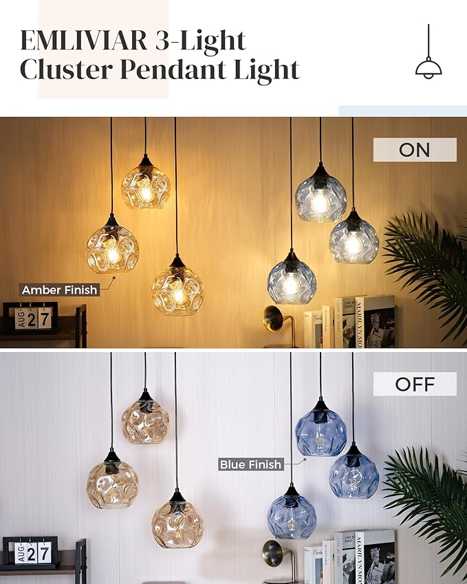 Emliviar 3-Light Cluster Pendant Lamp with Hammered Glass, Linear Barn Hanging Pendant Lighting for Dining Room in Amber Finish, DYE287G2-3 BK