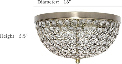Elegant Designs FM1000-ABS-2PK Elipse Crystal 13 Inch Modern Metal 2 Light Bowl Shaped Ceiling Flush Mount Fixture 2 Pack, Antique Brass