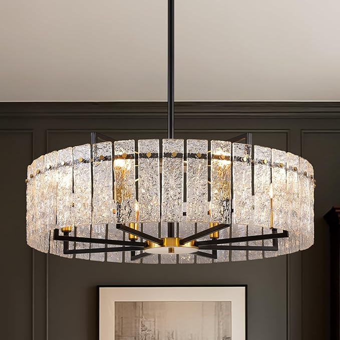 31.5" Modern Round Drum Chandelier Luxury 8-Light Round Large Gold Chandelier Lighting Fixtures Water Ripple Glass Chandeliers for Living Room Dining Room Hotel Foy