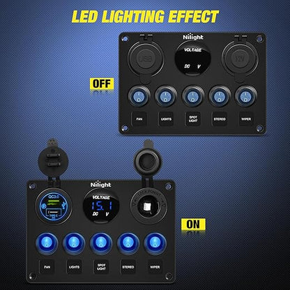 Nilight 5 Gang Multi Function Waterproof Switch Panel PD Type C and USB Charger Digital Voltmeter 12V Outlet Rocker with Inline Fuse for RVs Cars Boats Trucks Trailers