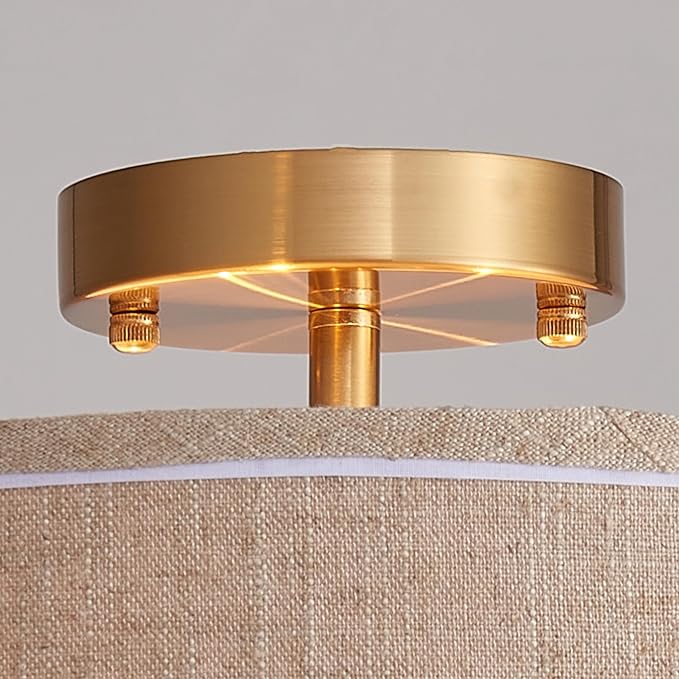 Shrine Lighting Double Drum Ceiling Light, Perfect Drum Light Fixture for Dining Room, D16'' x H7'', E12*3 Sockets, Beige Linen Fabric Lampshade & Gold Rod