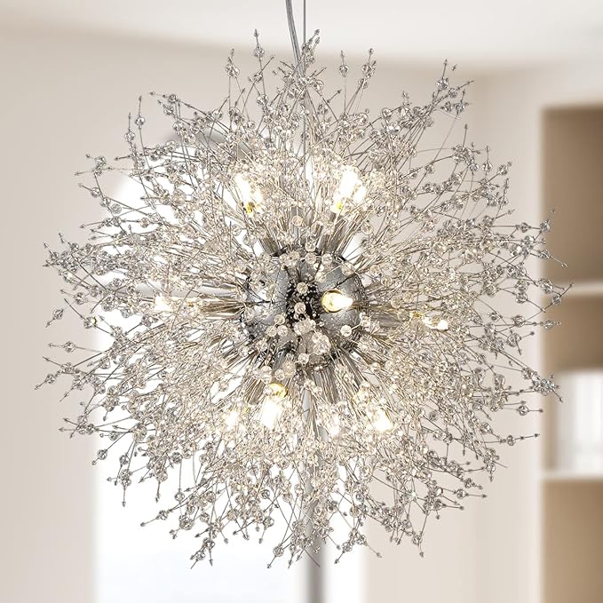 Modern Crystal Chandeliers Firework, 12-Light Chrome Stainless Steel Sputnik Chandelier, 21.6" Dandelion Pendant Ceiling Light Fixture for Bedroom Dining Room