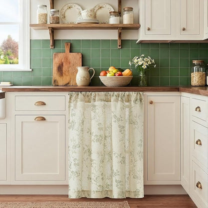 jinchan Floral Kitchen Curtains 36 Inch Linen Tier Curtains Farmhouse Cafe Half Window Drapes Over Sink Light Filtering for Living Room Laundry RV Rod Pocket 2 Panels Sage Green on Beige
