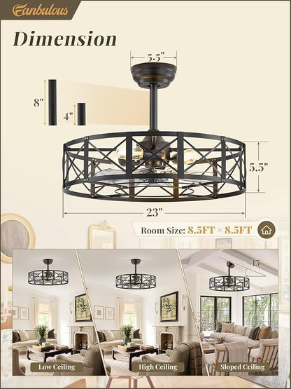 Fanbulous 23 Inch Fandelier Caged Ceiling Fans with Lights and Remote, Black Bladeless Ceiling Fan with 6 Speeds and Timing, Farmhouse Samll Fan Lights Ceiling Fixtures for Kitchen, Bedroom-Black