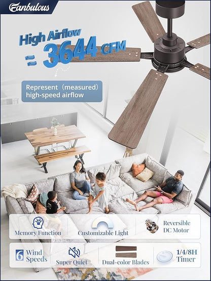 52 Inch Ceiling Fan with Light and Remote, 6 Speeds Reversible DC Motor Ceiling Fans for Bedroom Living Room Patio, 3CCT Dimmable LED, 5 Wood Blades, Downrod Mount, Sloped Ceiling Compatible