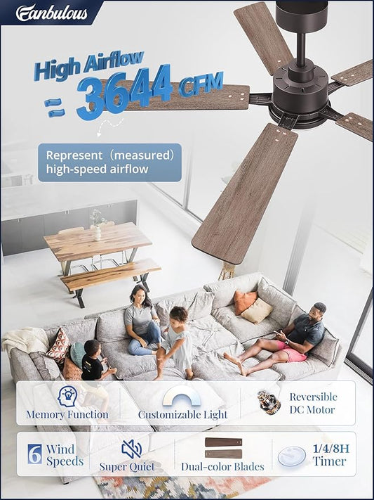 52 Inch Ceiling Fan with Light and Remote, 6 Speeds Reversible DC Motor Ceiling Fans for Bedroom Living Room Patio, 3CCT Dimmable LED, 5 Wood Blades, Downrod Mount, Sloped Ceiling Compatible