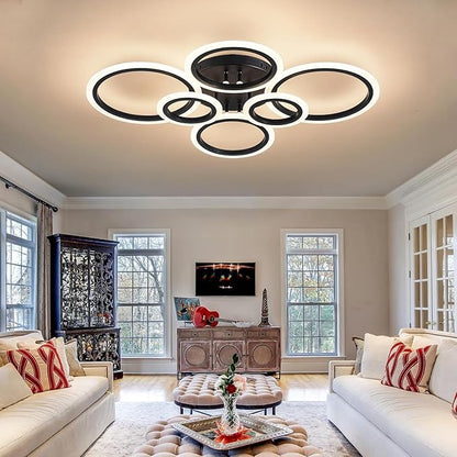 Shine LUEST 6 Rings Black Modern LED Ceiling Light Fixture, Flush Mount Ceiling Light with Remote Dimmable Brightness, Adjustable 3000-6000K Color Temperature, Timer for Living Room, Bedroom