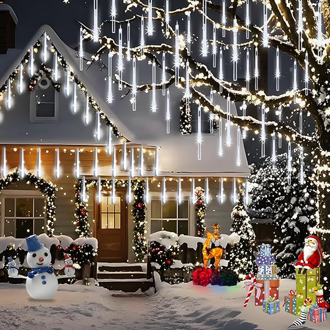 Adecorty Christmas Lights Outdoor, Meteor Shower Light 8 Tubes 192LED UL Certified Snow Falling Rain Cascading Icicle Lights for Xmas Tree Christmas Decorations Outdoor Wedding Party Window, White