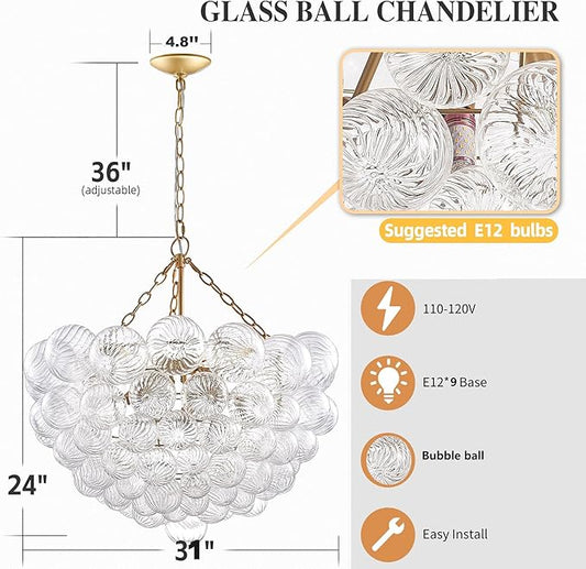 Bubble Chandeliers Lighting Gold 31" Swirled Clear Ribbed Blown Glass Globe Art Deco 9-Light Cluster Ball Pendant Lights Fixture for Living Room, Bedroom, Kitchen Island