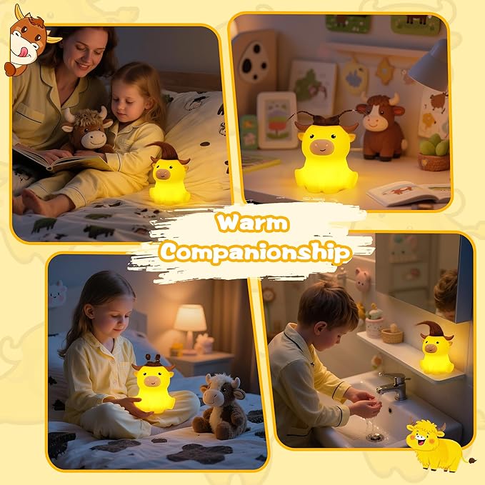 OkiyiD Highland Cow Night Light, Cute Animal Silicone Touch Cow Lamp, Highland Cow Gifts for Boys Girls Women Christmas, Dimmable Soft Glow Bedside Lamp for Nursery Bedroom Decor