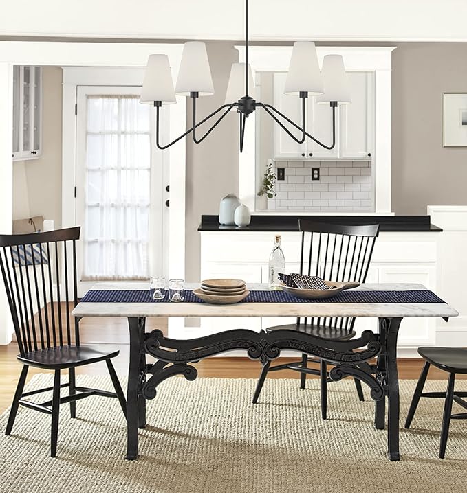 Electro bp;30" Dia 5-Arm Classic Chandeliers Matt Black with White Linen Shades,Light Fixture for Dining Room,Living Room,Bedroom,E12,200W;