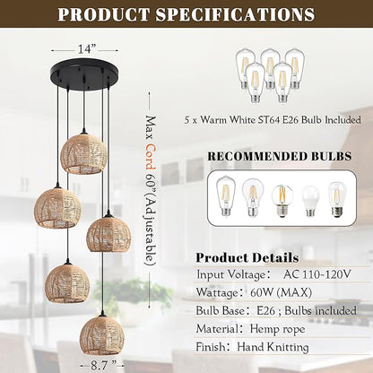 5-Light Woven Foyer Chandeliers for High Ceiling,5 Dome Boho Rattan Pendant Light Farmhouse Wicker Ceiling Light,rustic Hemp rope Light Fixture For Living Room Hallway Staircase Entryway(Bulb Incl.