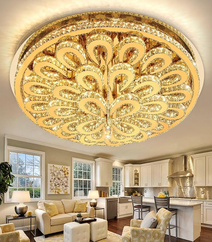 47'' Modern Crystal Chandeliers for Living Room Large Chandelier Ceiling Light Fixture LED Dimmable with Remote Flush Mount Lighting for Dining Room Bedroom Gold