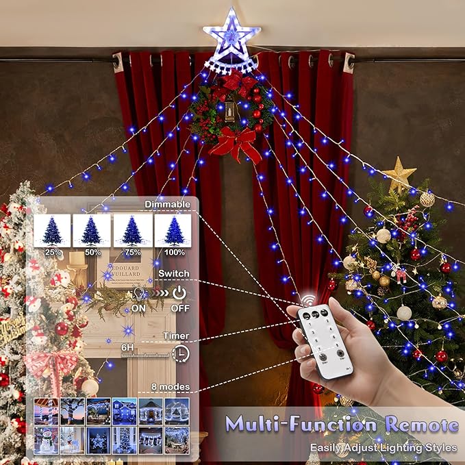 Star String Lights, 350 LED Tree Waterfall Fairy Lights, Outdoor Waterproof Christmas Decoration Lights with Remote, 16FT X 9 Hanging LED Lamp for Garden Yard Wedding Birthday Festival, Ocean Blue