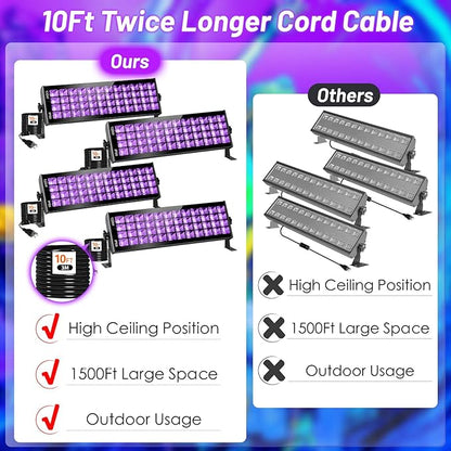 YQNLIFA 120W Waterproof LED Black Lights, 4 Pack Black Light Bar with 10Ft Cable and On/Off Switch, IP66 Indoor/Outdoor Blacklight for Neon Glow Party, Body Paint, Fluorescent Reactive, Back Yard