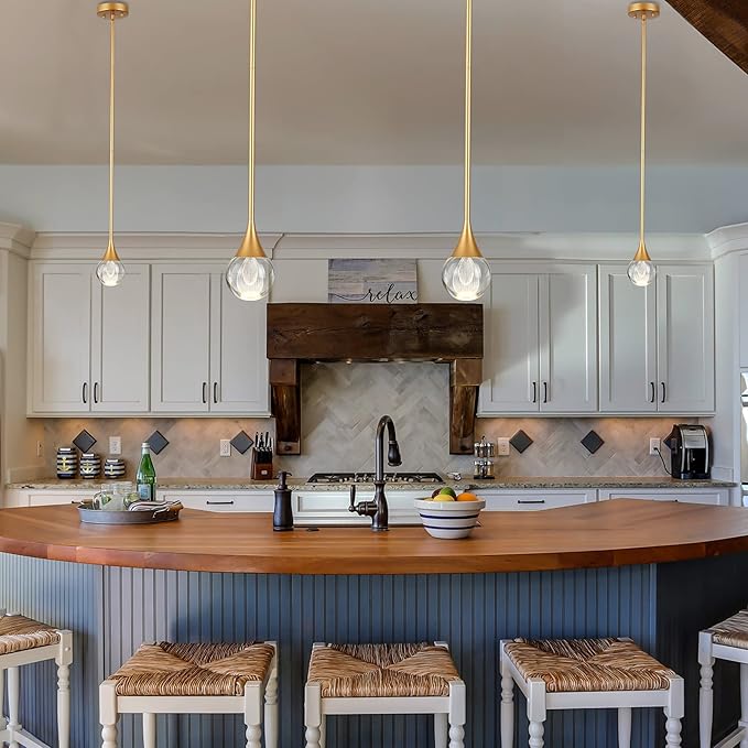 2-Pendant Lights Kitchen Island, Brass Gold Globe Crystal Ceiling Hanging Light Fxitures, LED Light Fixtures Metal Rod Ceiling Glass Pendant Lighting for Kitchen Island Dining Room Bar