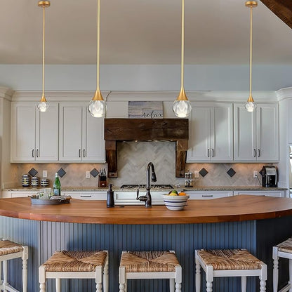 2-Pendant Lights Kitchen Island, Brass Gold Globe Crystal Ceiling Hanging Light Fxitures, LED Light Fixtures Metal Rod Ceiling Glass Pendant Lighting for Kitchen Island Dining Room Bar