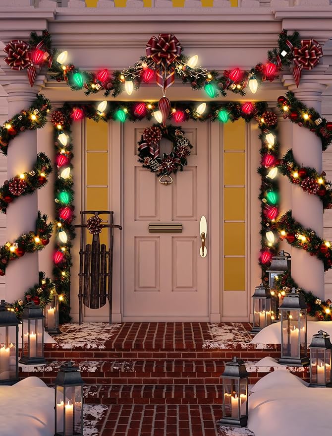 C7 LED Christmas Lights, 25Ft Vintage C7 Christmas Lights with 27 LED Clear Red Green White Bulbs, Hanging Connectable Xmas String Lights for Patio Garden Holiday Home Xmas Decor