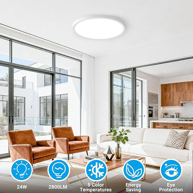 2 Pack LED Flush Mount Ceiling Light,12Inch 24W,3000K/3500K/4000K/5000K/6500K 5 Color Temperatures Ceiling Light Fixture for Kitchen Porch Hallway Bedroom Bathroom and Closet,White